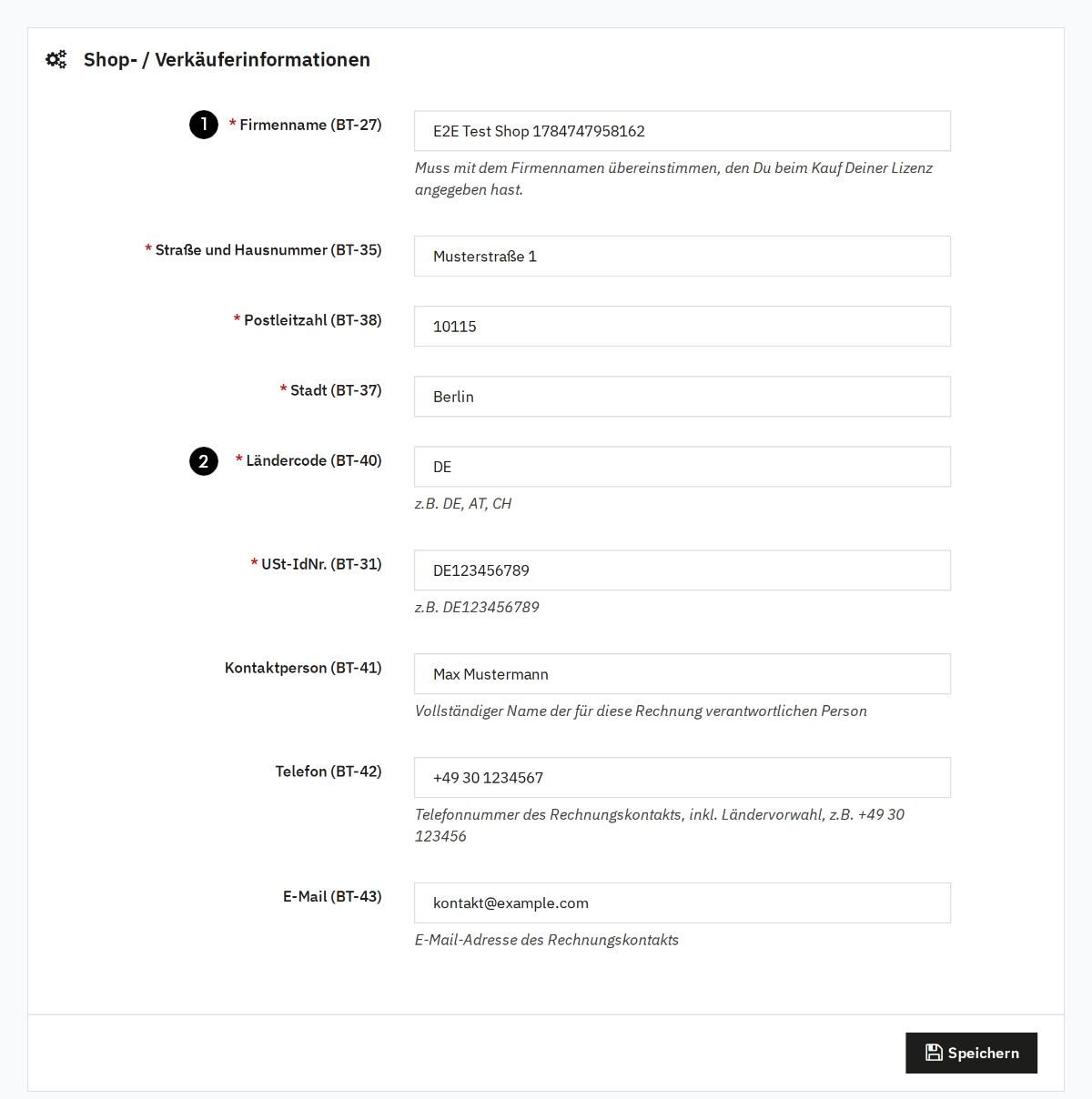 Shop- und Verkäuferinformationen in den E-Rechnung Einstellungen