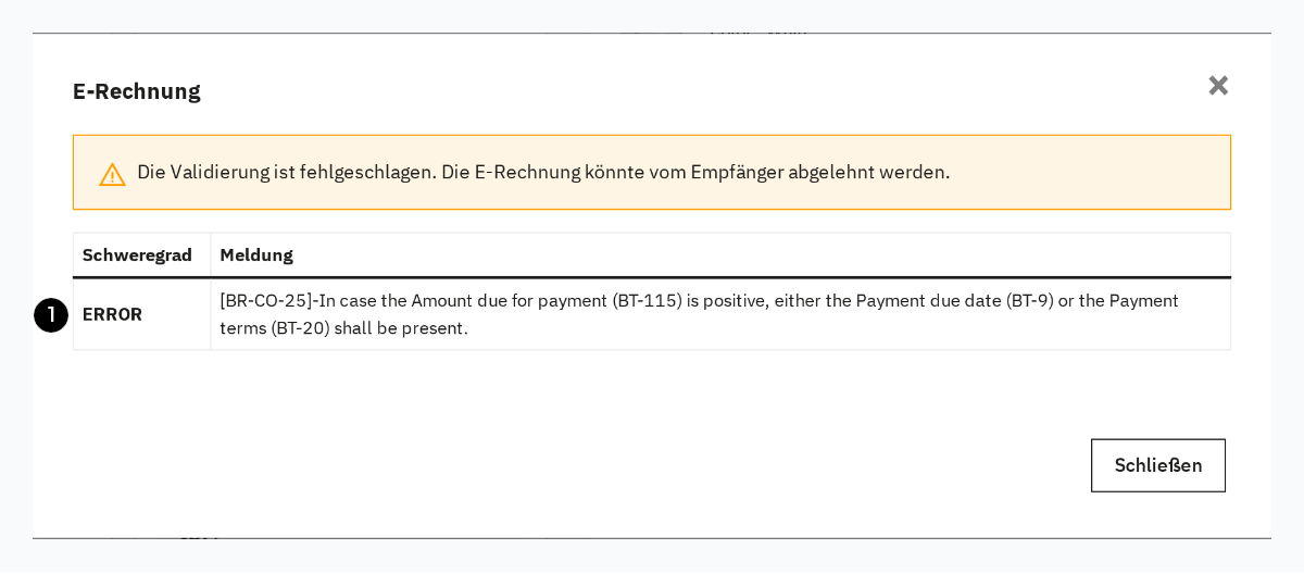 Dialog nach E-Rechnung-Erstellung mit Validierungsfehlern