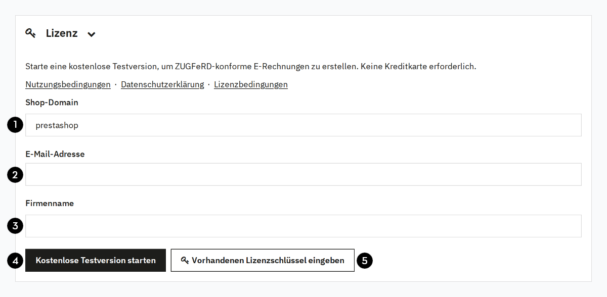 E-Rechnung PrestaShop Lizenz-Einstellungen