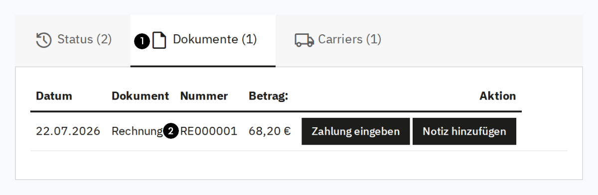 Dokumententabelle auf der Bestell-Detailseite mit vorhandener Rechnung