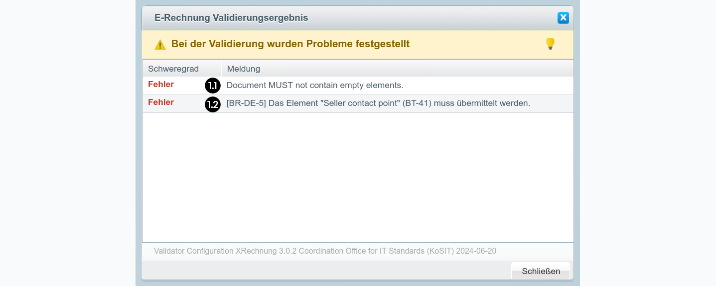 In einem separaten Dialog sind die Warnungen in einer Tabelle mit Schweregrad und Beschreibung aufgeführt.