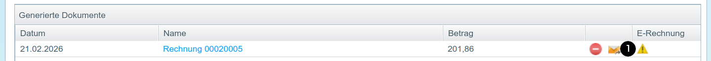 In der Tabelle für generierte Dokumente ist in der neuen Spalte E-Rechnung ein gelbes Warndreieck zu sehen.