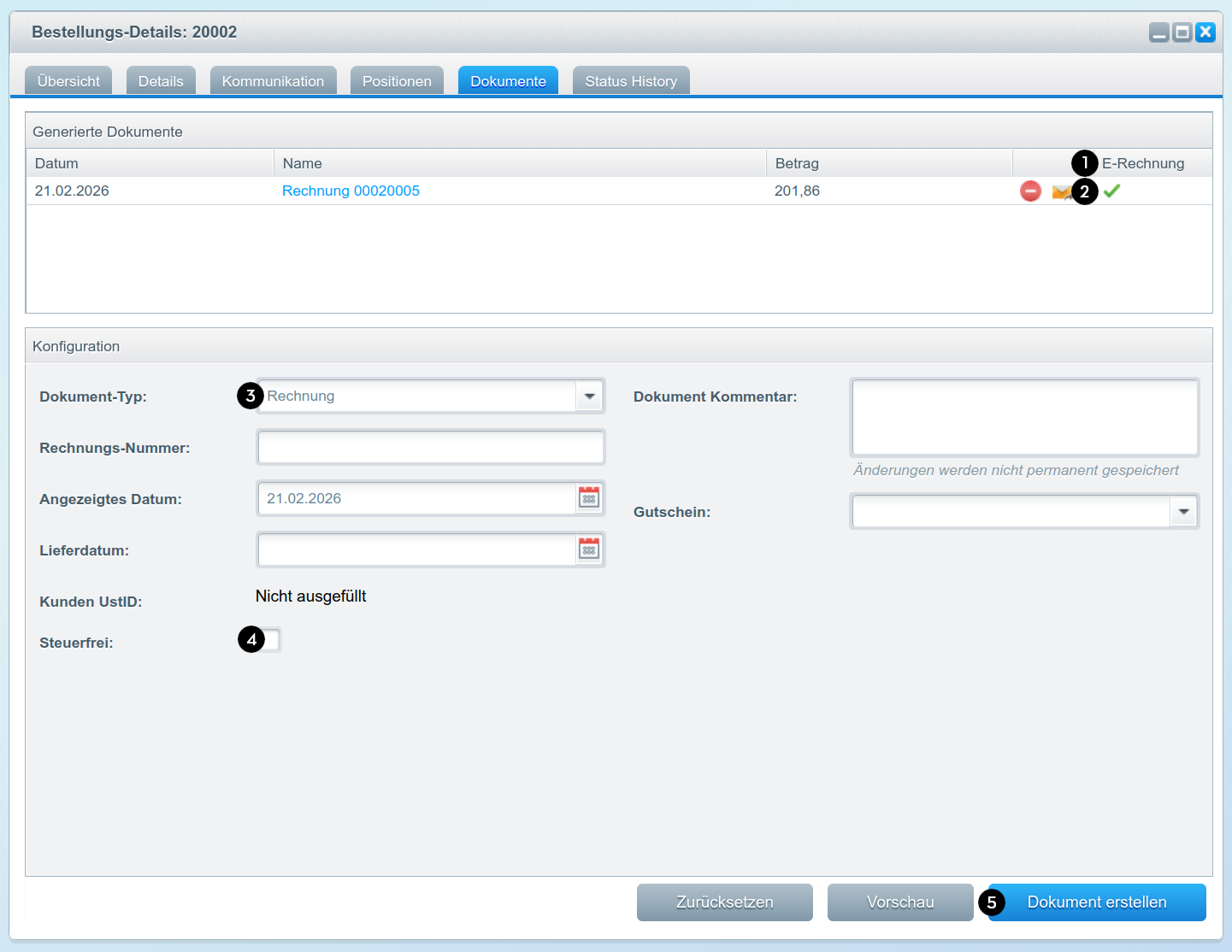 Ansicht des Reiters Dokumente ind den Bestellungs-Details. In der Tabelle für generierte Dokumente ist in der neuen Spalte E-Rechnung ein grüner Haken zu sehen.