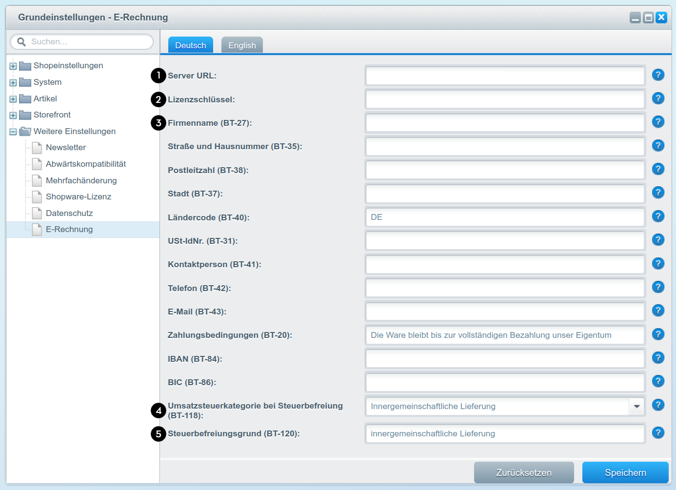 Ansicht der Grundsteinstellung des Plugins