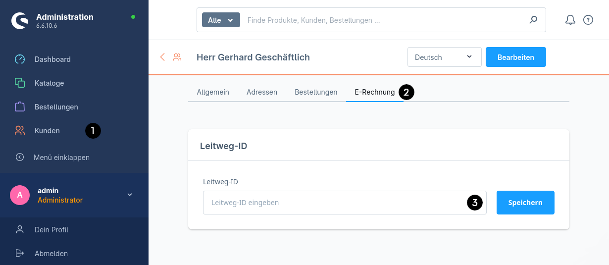 Zeigt den E-Rechnung Tab in der Kundendetailansicht mit dem Eingabefeld für die Leitweg-ID