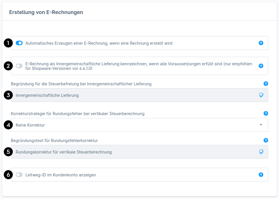 Zeigt die Steuerelemente in den App-Einstellungen für die Generierung von E-Rechnungen.