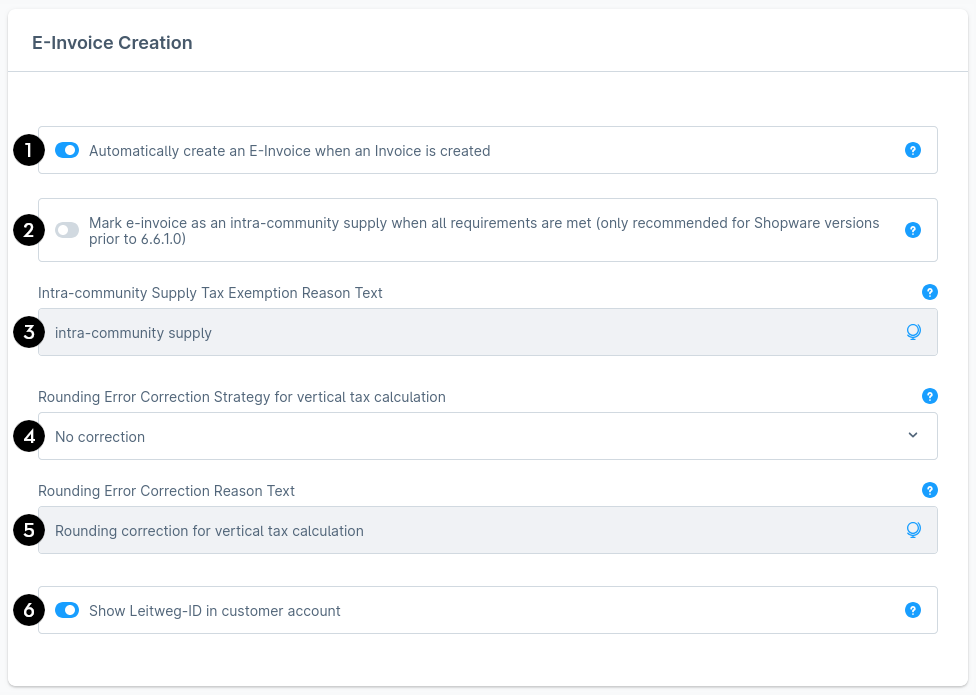 Shows the controls in the app settings for generating e-invoices.