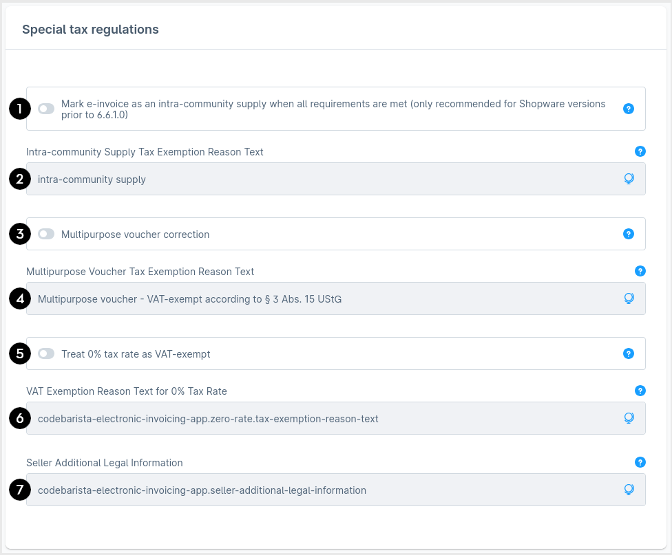 Shows the settings for representing special VAT rules in the e-invoice, such as intra-community supply, multipurpose vouchers and VAT exemption.