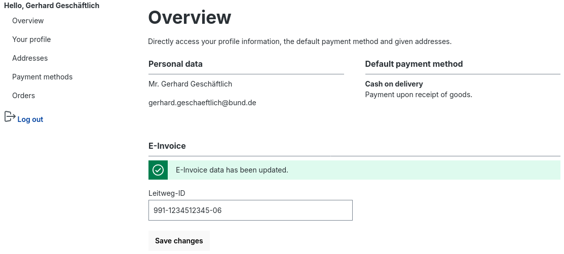Shows the input field for the Leitweg-ID in the customer account overview