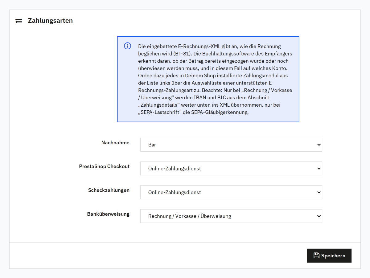 Zuordnung der Zahlungsmodule zu den Zahlungsarten der E-Rechnung