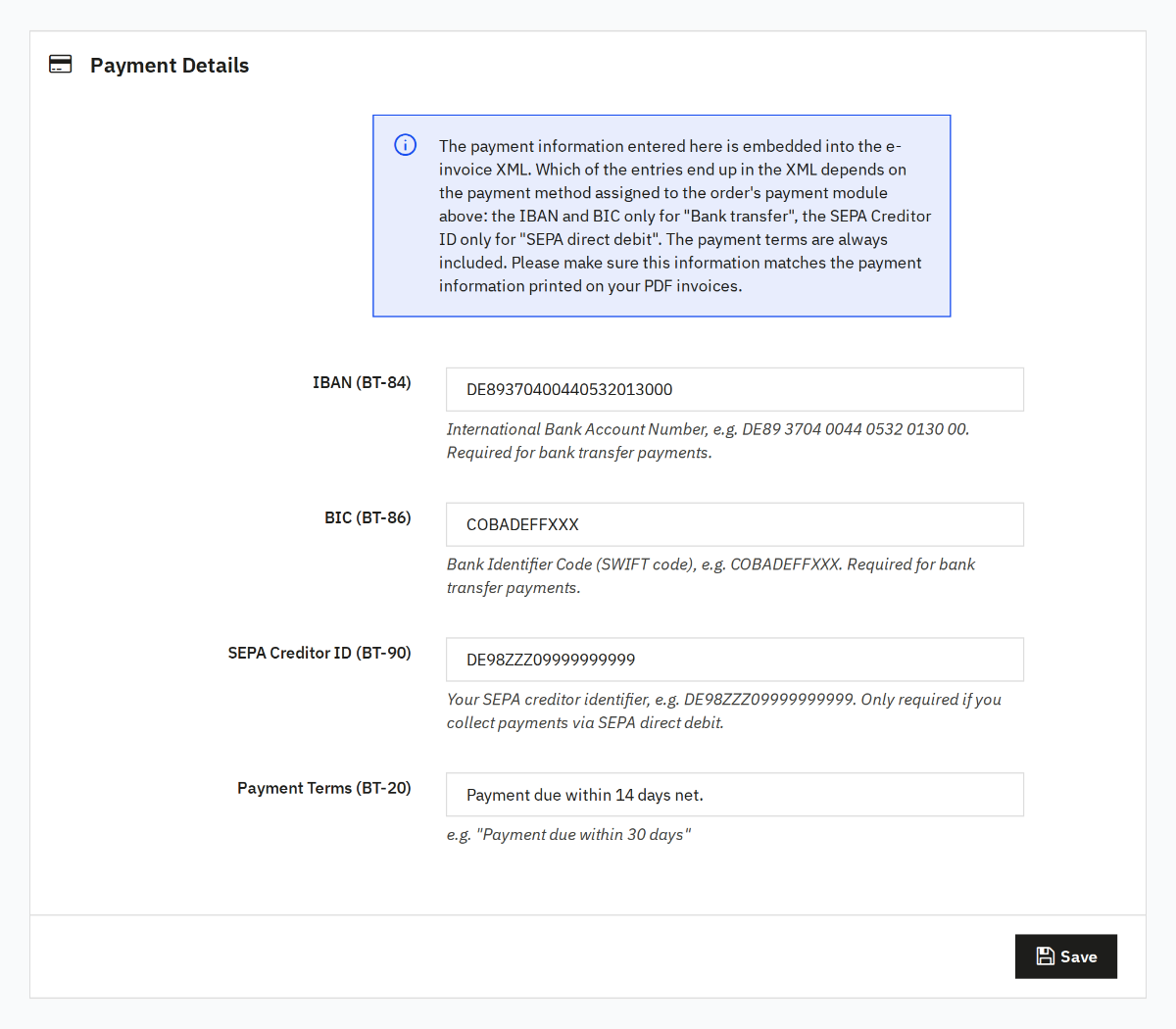 Payment details in the e-invoice settings