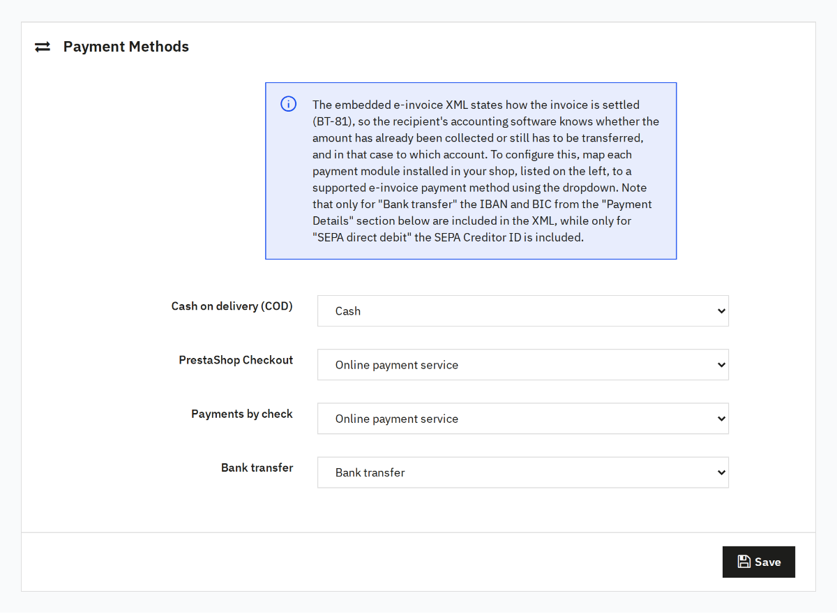Mapping of payment modules to e-invoice payment methods