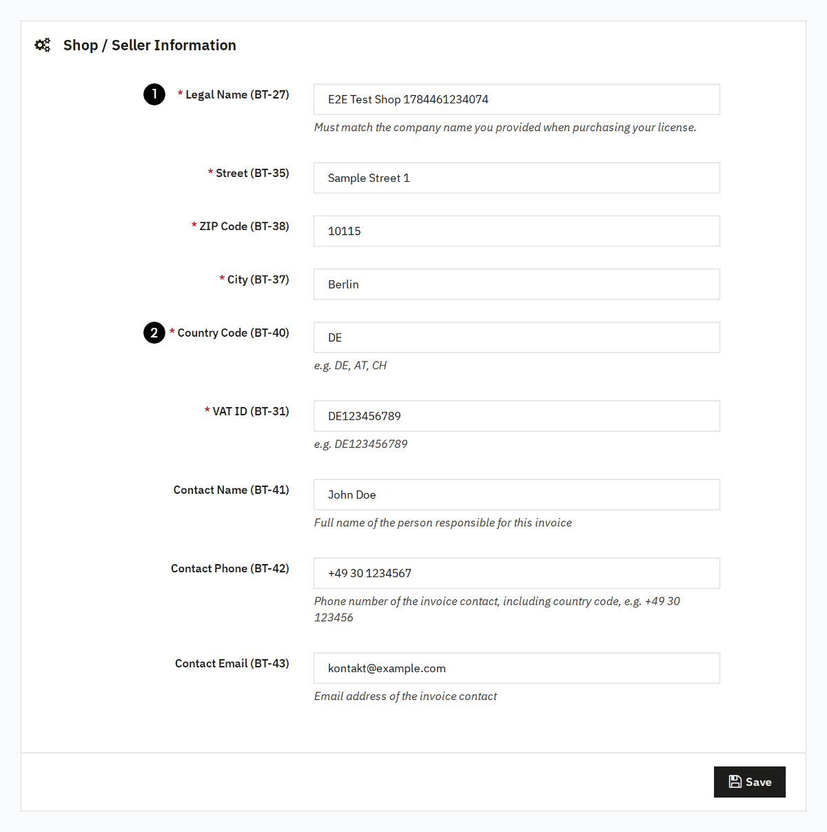 Shop and seller information in the e-invoice settings