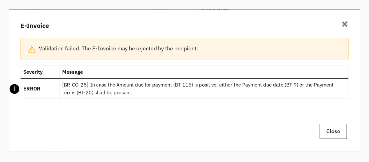 Dialog after e-invoice creation with validation errors
