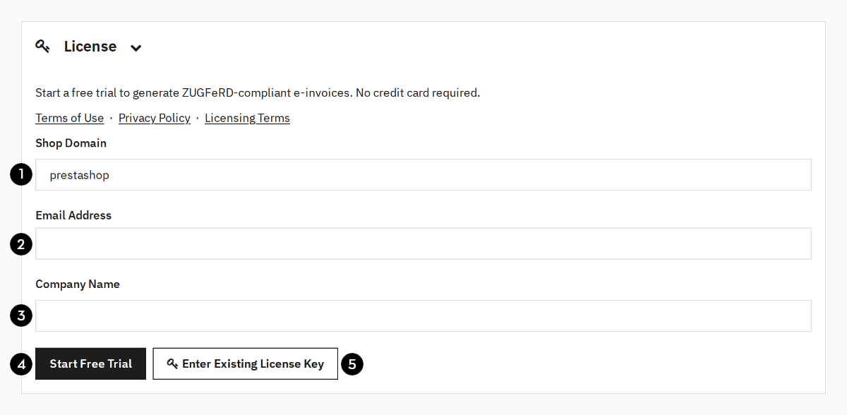 E-Invoice PrestaShop License Settings