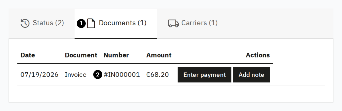 Documents table on the order detail page with an existing invoice