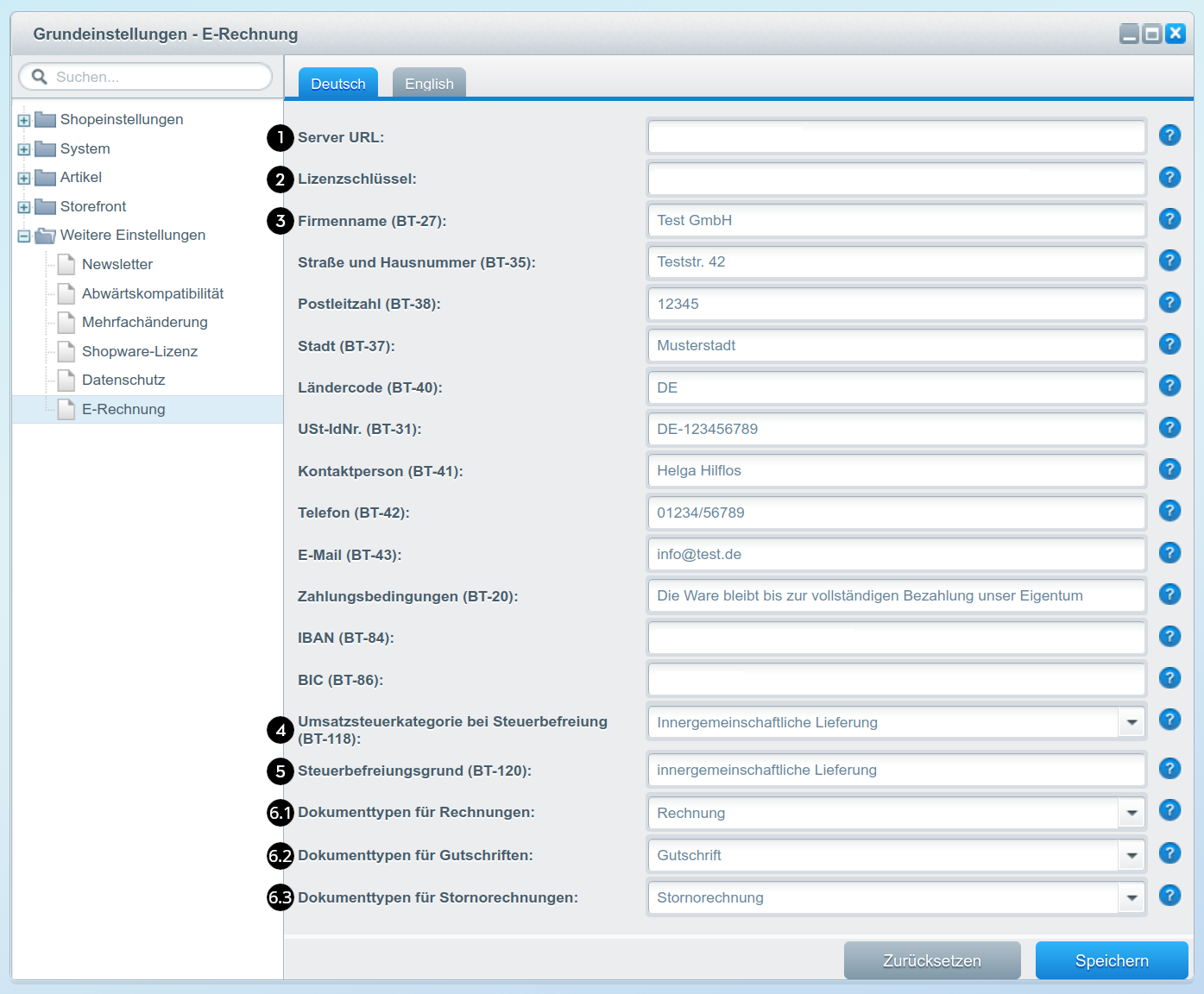E-Rechnung Shopware 5 Plugin-Konfiguration: Grundeinstellungen